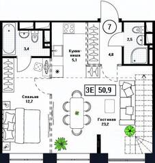 ЖК «Пушкино Град», планировка 2-комнатной квартиры, 50.90 м²