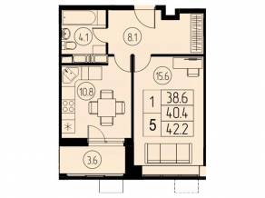 ЖК «River Park», планировка 1-комнатной квартиры, 40.40 м²
