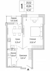 ЖК «Riga Hills», планировка 1-комнатной квартиры, 47.47 м²