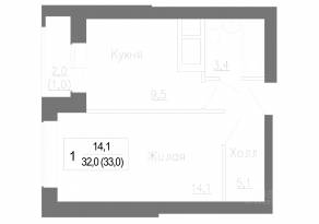 МЖК «Новое Замитино», планировка 1-комнатной квартиры, 33.70 м²