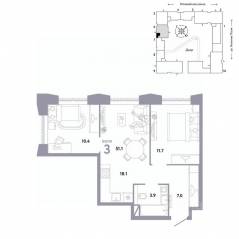 ЖК «Страна.Заречная», планировка 3-комнатной квартиры, 51.10 м²