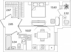ЖК «Кинопарк», планировка 1-комнатной квартиры, 33.92 м²