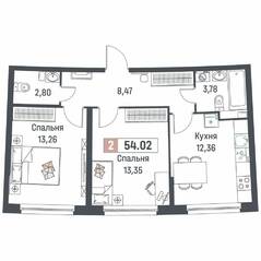 ЖК «Авиатор» (Девяткино), планировка 2-комнатной квартиры, 54.02 м²