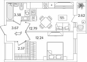ЖК «Кинопарк», планировка 1-комнатной квартиры, 36.16 м²