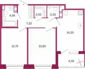 ЖК «Дом на Курской», планировка 2-комнатной квартиры, 58.35 м²