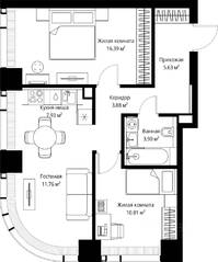 ЖК «Veer», планировка 2-комнатной квартиры, 60.30 м²