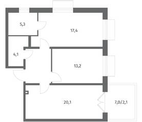 ЖК «Парусная 1», планировка 2-комнатной квартиры, 69.00 м²