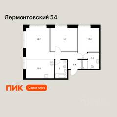 ЖК «Лермонтовский 54», планировка 2-комнатной квартиры, 71.40 м²