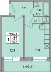 ЖК «Удача», планировка 1-комнатной квартиры, 35.80 м²