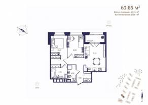 ЖК «Ranta Residence», планировка 2-комнатной квартиры, 63.85 м²