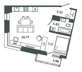 ЖК «Загляденье», планировка студии, 42.30 м²