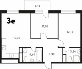 ЖК «Южное Пушкино», планировка 3-комнатной квартиры, 60.40 м²
