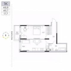 ЖК «Пироговская Ривьера», планировка 1-комнатной квартиры, 46.60 м²
