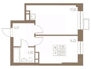 ЖК «Фабрикант», планировка 1-комнатной квартиры, 41.99 м²