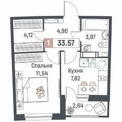 ЖК «Авиатор» (Девяткино), планировка 1-комнатной квартиры, 33.57 м²