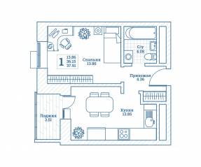 ЖК «Новоград Монино», планировка 1-комнатной квартиры, 38.30 м²