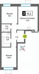 ЖК «Лесная Отрада», планировка 2-комнатной квартиры, 52.10 м²