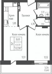 ЖК «Зеленый Оазис-Город», планировка 1-комнатной квартиры, 44.99 м²
