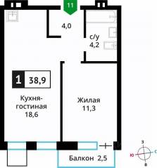 ЖК «Лесная Отрада», планировка 1-комнатной квартиры, 38.90 м²