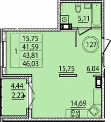 МЖК «Образцовый квартал 15», планировка 1-комнатной квартиры, 41.59 м²