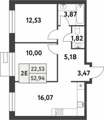 ЖК «Smart Garden», планировка 2-комнатной квартиры, 52.90 м²