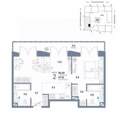 ЖК «Страна.Озерная», планировка 2-комнатной квартиры, 56.40 м²