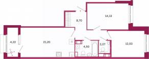 ЖК «Дом на Курской», планировка 2-комнатной квартиры, 64.71 м²