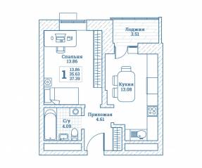 ЖК «Новоград Монино», планировка 1-комнатной квартиры, 37.90 м²