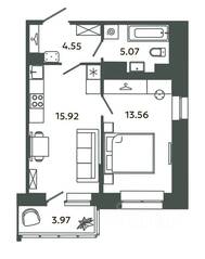 ЖК «Загляденье», планировка 1-комнатной квартиры, 39.10 м²