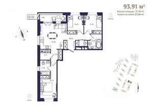 ЖК «Ranta Residence», планировка 3-комнатной квартиры, 93.91 м²