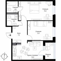МЖК «Экография», планировка 2-комнатной квартиры, 57.10 м²