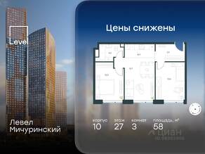 ЖК «Level Мичуринский», планировка 3-комнатной квартиры, 58.00 м²