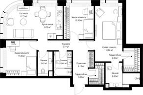 ЖК «Veer», планировка 3-комнатной квартиры, 92.43 м²