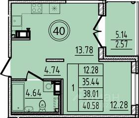 МЖК «Образцовый квартал 14», планировка 1-комнатной квартиры, 35.44 м²