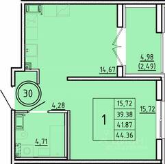МЖК «Образцовый квартал 16», планировка 1-комнатной квартиры, 39.38 м²
