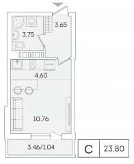 ЖК «Lampo», планировка студии, 22.70 м²