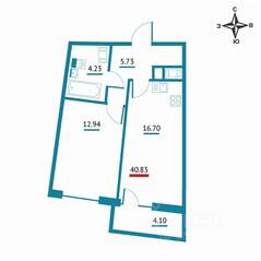 ЖК «Левитан», планировка 1-комнатной квартиры, 40.83 м²