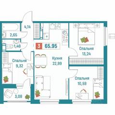ЖК «Графика», планировка 3-комнатной квартиры, 65.95 м²