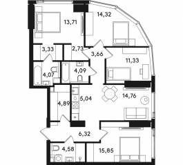 ЖК «Solos», планировка 4-комнатной квартиры, 108.68 м²