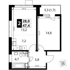 ЖК «1-й Донской», планировка 2-комнатной квартиры, 47.40 м²