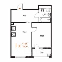 ЖК «Новое Летово», планировка 1-комнатной квартиры, 45.10 м²