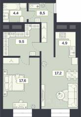 ЖК «Лайм», планировка 2-комнатной квартиры, 62.10 м²