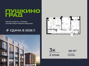 ЖК «Пушкино Град», планировка 3-комнатной квартиры, 69.00 м²