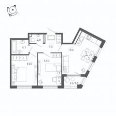 МЖК «Пулковский дом», планировка 2-комнатной квартиры, 58.50 м²