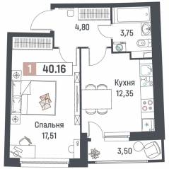 ЖК «Авиатор» (Девяткино), планировка 1-комнатной квартиры, 40.16 м²