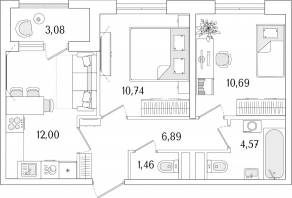 ЖК «Гранат», планировка 2-комнатной квартиры, 47.89 м²