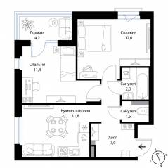 МЖК «Экография», планировка 2-комнатной квартиры, 49.30 м²
