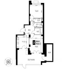 ЖК «Южная Битца», планировка 2-комнатной квартиры, 69.80 м²