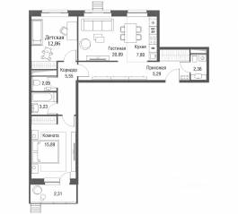 ЖК «Одинбург», планировка 3-комнатной квартиры, 78.27 м²