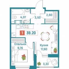 ЖК «Графика», планировка 1-комнатной квартиры, 39.20 м²